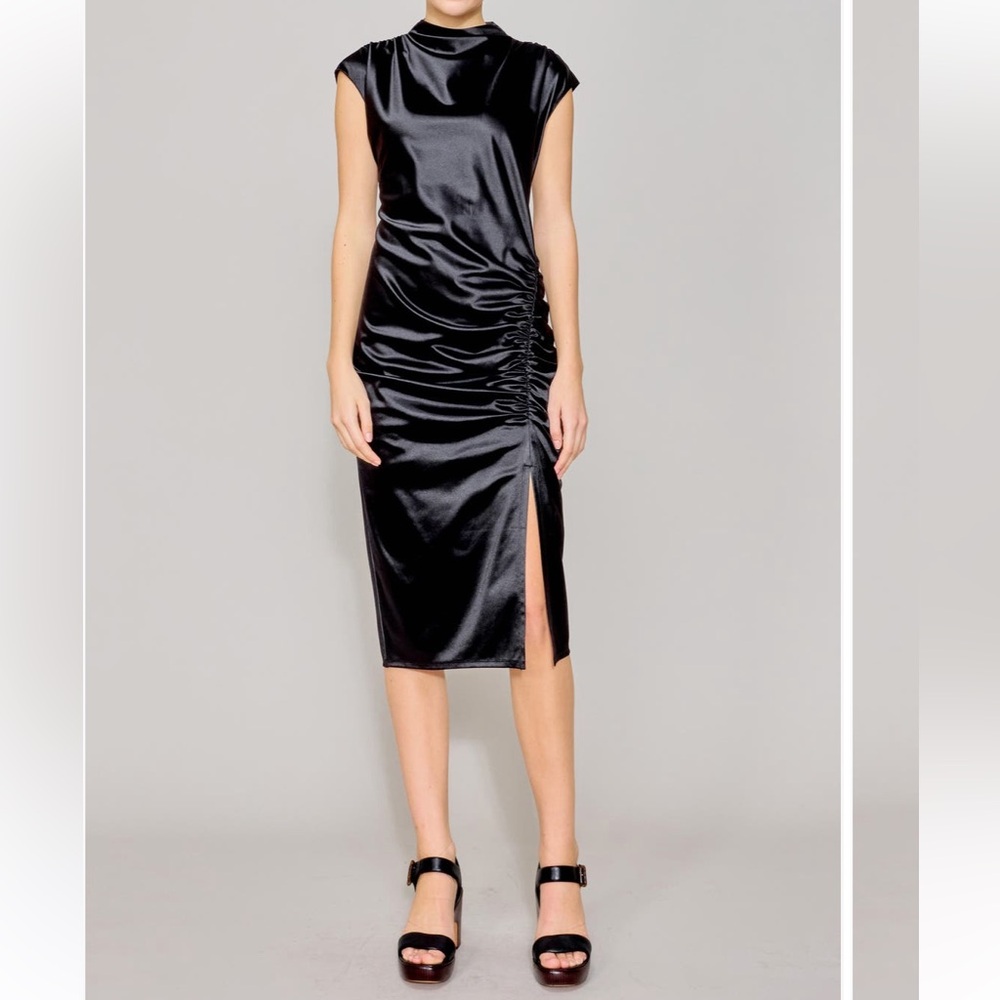 MELLODAY Black Satin Ruched Midi Dress with Side Slit